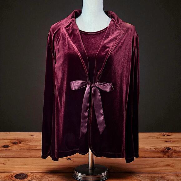 VTG Notations Womens Red Velvet Stretch Satin Tie Front Jacket Built-In Cami XL - Picture 1 of 11